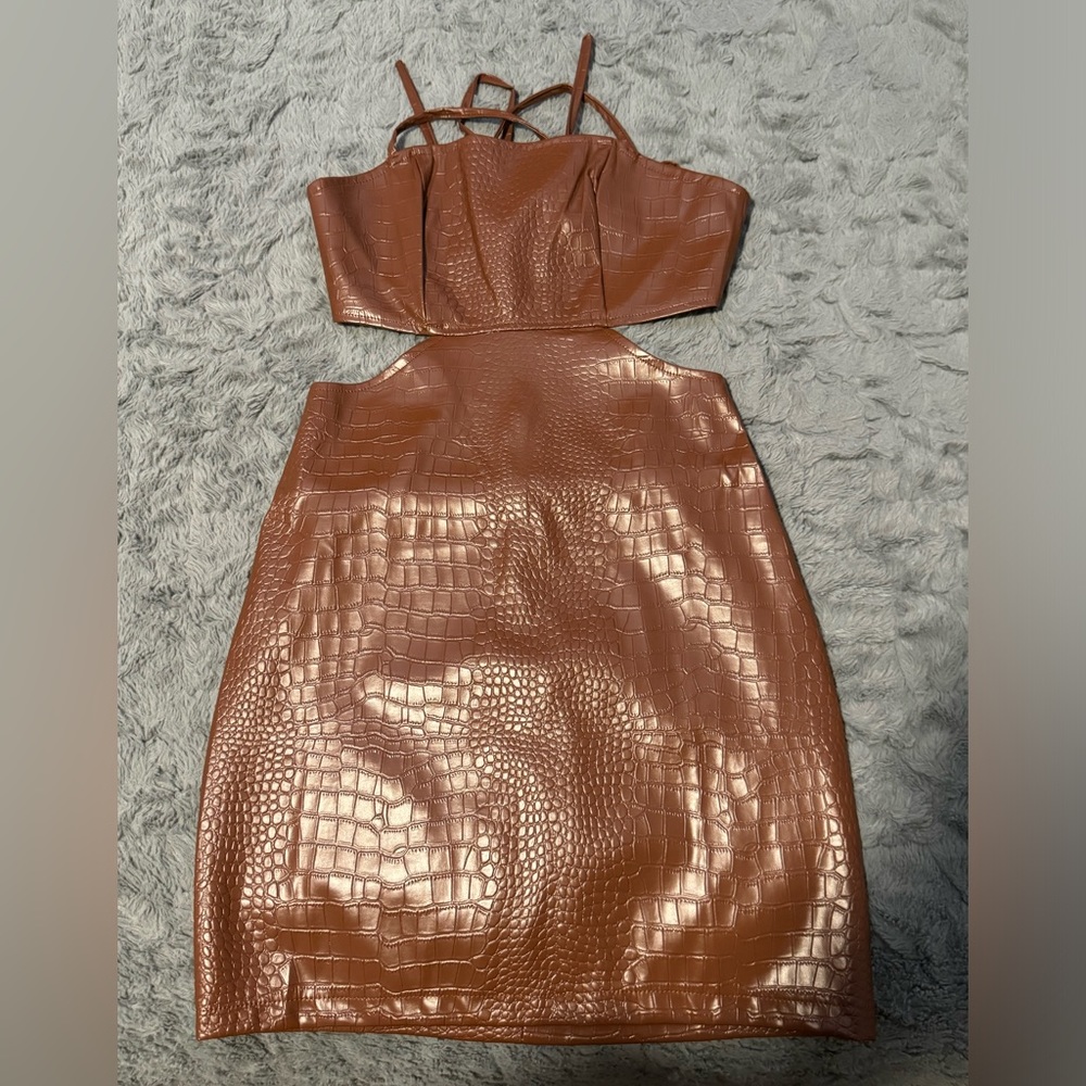 Printed Cut Out Leather Brown Dress